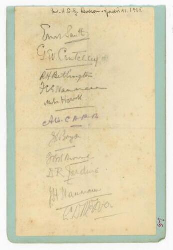 H.D.G. Leveson-Gower's XI 1925. Album page laid down to slightly larger page, signed in pencil by eleven members of the Leveson-Gower team for the match v Cambridge University, Eastbourne, 1st- 3rd July 1925. Signatures are Smith (Captain), Crutchley, Bet