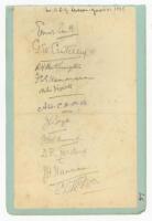 H.D.G. Leveson-Gower's XI 1925. Album page laid down to slightly larger page, signed in pencil by eleven members of the Leveson-Gower team for the match v Cambridge University, Eastbourne, 1st- 3rd July 1925. Signatures are Smith (Captain), Crutchley, Bet