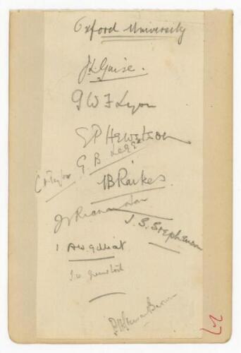 Oxford University C.C. 1925. Album page laid down to slightly larger page, signed in pencil by eleven members of the 1925 Oxford University team. Signatures are Guise, Lyon, Hewetson, Legge, Taylor, Raikes, Richardson, Stephenson, Gilliat, Greenstock and 