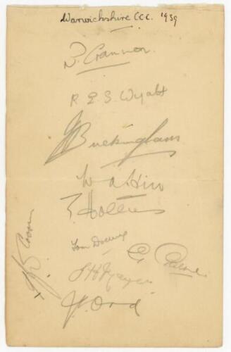 Warwickshire C.C.C. 1939. Album page signed in pencil by ten members of the Warwickshire team. Signatures are Cranmer (Captain), Wyatt, Buckingham, Hill, Hollies, Dollery, Paine, Mayer, Ord and Croom. Light folds, otherwise in good condition - cricket