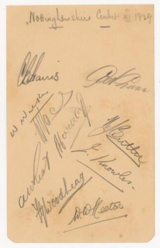 Nottinghamshire C.C.C. 1939. Album page nicely signed in pencil by ten members of the Nottinghamshire team. Signatures include Heane (Captain), Harris, Voce, Hardstaff, Woodhead, Butler, Knowles, Keeton etc. Slight age toning, otherwise in good condition 
