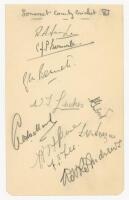 Somerset C.C.C. 1939. Album page very nicely signed in pencil by ten members of the Somerset team. Signatures include Barnwell, Bennett, Luckes, Gimblett, Hazell, Wellard, Buse, Lee, Andrews etc. VG - cricket