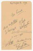 Kent C.C.C. 1939. Album page very nicely signed in pencil by ten members of the Somerset team. Signatures are Chalk (Captain), Valentine, Todd, Ames, Levett, Spencer, Wright, Fagg, Harding and Longfield. VG - cricket