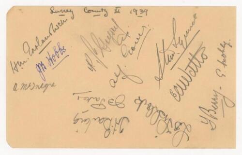 Surrey C.C.C. 1939. Album page very nicely signed in pencil (one in ink) by twelve members of the Surrey team. Signatures are Garland-Wells (Captain), Hobbs (signed in ink), McIntyre, Gregory, Gover, Barling, Parker, Fishlock, Squires, Watts, Berry and Mo