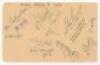 Surrey C.C.C. 1939. Album page very nicely signed in pencil (one in ink) by twelve members of the Surrey team. Signatures are Garland-Wells (Captain), Hobbs (signed in ink), McIntyre, Gregory, Gover, Barling, Parker, Fishlock, Squires, Watts, Berry and Mo