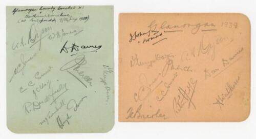 Glamorgan C.C.C. 1938 and 1939. Two album pages, one signed in pencil (one in ink) by eleven members of the 1938 Glamorgan team, the other ten in pencil (one in ink) of the 1939 team. Signatures include A.H. Dyson, W.E. Jones, D. Davies, C.C. Smart, J. Me