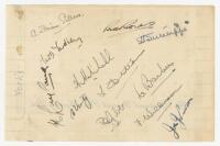 Yorkshire C.C.C. c.1938. Album page laid down to slightly larger ruled page, signed in ink by twelve members of the Yorkshire team. Signatures are Sellers, Yardley, Bowes, Sutcliffe, Leyland, Mitchell, Verity, Hutton, Gibb, Barber, Wilkinson and the rarer