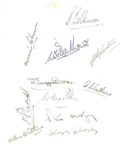 Glamorgan C.C.C. 1949. Page signed in ink by ten members of the Glamorgan team. Signatures are Muncer, Robinson, Parkhouse, Eagleston, Emrys Davies, Watkins (signed twice), Wooller, Montgomery, Haydn Davies and Pleass. Horizontal fold, small adhesive mark