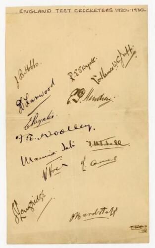 'England Test Cricketers 1920s-1930s'. Page nicely signed in black ink by thirteen England Test players. Signatures are Jack Hobbs, R.E.S. Wyatt, Vallance Jupp, Harold Larwood, Patsy Hendren, Eddie Paynter, Frank Woolley, Maurice Tate, Tommy Mitchell, Bil