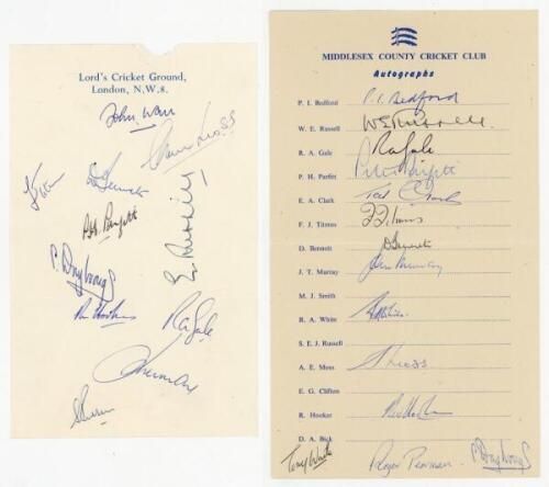 Middlesex C.C.C. 1960. Official autograph sheet on Lord's Cricket Ground letterhead nicely signed in ink by eleven Middlesex player. Signatures include Warr (Captain), Moss, Titmus, Parfitt, Russell, Drybrough, Gale, Russell, Murray etc. Also a Middlesex 