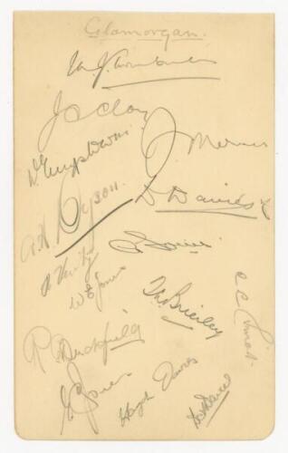 Glamorgan C.C.C. c.1937/38. Album page signed in pencil by fifteen Glamorgan players. Signatures include Turnbull (Captain), Clay, Mercer, Dyson, D. Davies, W.E. Jones, Brierley, Duckfield, Smart, E.C. Jones, H.G. Davies etc. G/VG - cricket