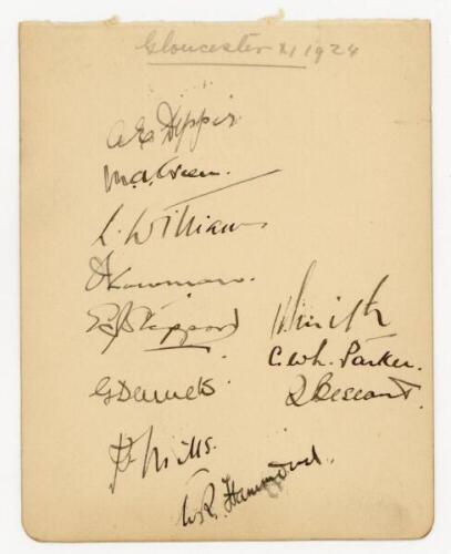 Gloucestershire C.C.C. 1924. Album page nicely signed in ink by eleven members of the Gloucestershire team including Dipper, Hammond, Green, L. Williams, Dennett, Mills, Parker, Bessant etc. G - cricket