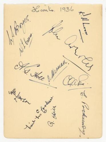 Hampshire C.C.C. 1936. Album page nicely signed in ink by eleven members of the team. Signatures include Moore (Capt), Pothecary, Boyes, Creese, Holt, H.M.P. Lawson, McCorkell, Paris etc. VG - cricket