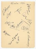 Hampshire C.C.C. 1936. Album page nicely signed in ink by eleven members of the team. Signatures include Moore (Capt), Pothecary, Boyes, Creese, Holt, H.M.P. Lawson, McCorkell, Paris etc. VG - cricket