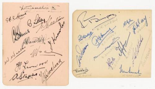 Nottinghamshire C.C.C. 1935 and 1957. Two album pages nicely signed in ink, the 1935 page by eleven members of the team, the 1957 page by twelve. Signatures include Heane, Lilley, Hardstaff, Knowles, Walker, Voce, Larwood, Staples, Woodhead, Simpson, Vowl