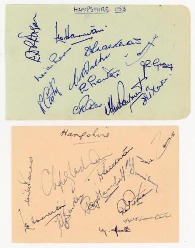 Hampshire C.C.C. 1953 and 1956. Two album pages nicely signed in ink. The 1953 page with twelve signatures, the 1956 signed by eleven players. Signatures include Harrison, Eagar, Rodgers, Shackleton, Carty, Prouton, Dare, Rayment, Ingleby-Mackenzie, Sains