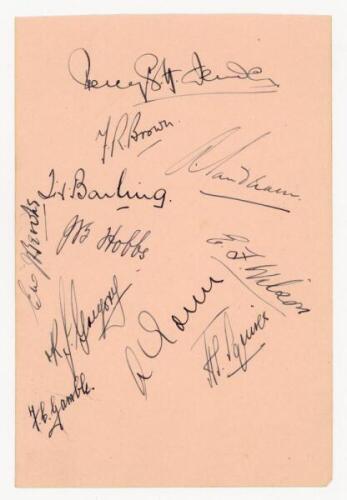 Surrey c.1933/34. Album page nicely signed in ink by eleven members of the team including Fender, Sandham, Barling, F.R. Brown, Hobbs, Gregory, Gover, Squires, Brooks etc. VG - cricket