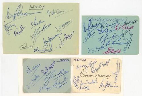 Derbyshire C.C.C. 1960s. Four album pages of varying sizes and one unofficial autograph sheet, signed by members of the Derbyshire teams of the 1960s. Signatures include Carr, Swallow, Dawkes, Lee, Jackson, Millner, Morgan, Short, Buxton, Berry, Rhodes, J