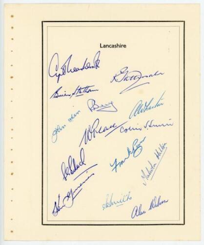 Lancashire C.C.C. 1954. Page with printed title and border, very nicely signed in ink by fourteen members of the Lancashire team. Signatures include Washbrook (Captain), Tattersall, Statham, Berry, Ikin, Wharton, Place, Edrich, Parr, Hilton, Wilson etc. T