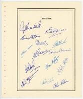 Lancashire C.C.C. 1954. Page with printed title and border, very nicely signed in ink by fourteen members of the Lancashire team. Signatures include Washbrook (Captain), Tattersall, Statham, Berry, Ikin, Wharton, Place, Edrich, Parr, Hilton, Wilson etc. T