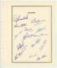 Lancashire C.C.C. 1954. Page with printed title and border, very nicely signed in ink by fourteen members of the Lancashire team. Signatures include Washbrook (Captain), Tattersall, Statham, Berry, Ikin, Wharton, Place, Edrich, Parr, Hilton, Wilson etc. T