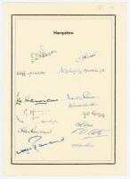 Hampshire C.C.C. 1954. Page with printed title and border, very nicely signed in ink by fifteen members of the Lancashire team. Signatures include Eagar (Captain), Knott, Walker, Ingleby-Mackenzie, Harrison, Rayment, Shackleton, Gray, Dare, Horton etc. Th