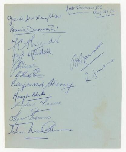 Lord's Taverners 1958. Large album page dated 31st August 1952, signed by thirteen players including Ben Barnett (Victoria &amp; Australia 1929-1947). Sold with two pages signed by Royal Air Force teams of 1958 and 1960, each with twelve signatures, inclu
