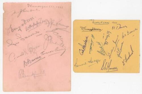 Glamorgan C.C.C. 1933 and 1954. Two album pages, one signed in pencil by eleven members of the 1933 Glamorgan team, the other twelve in ink of the 1954 team. Signatures include M.J.L. Turnbull, D.E. Davies, W.G. Morgan, A.H. Dyson, J. Mercer, R.G. Duckfie