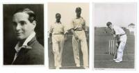Yorkshire. Herbert Sutcliffe, Len Hutton and George Macaulay signed postcards. Two mono real photograph postcards of Sutcliffe, one a nice head and shoulders studio portrait very nicely signed in ink, the other walking off the field of play with Frank Den