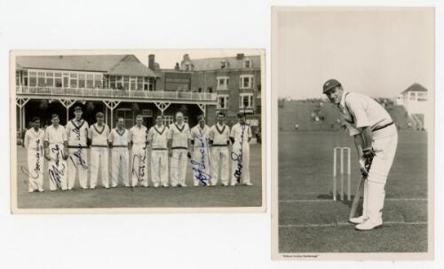 Gentlemen v Players, Scarborough 1955. Original mono real photograph plain back postcard of the Gentlemen team standing in one row wearing cricket attire in front of the pavilion at Scarborough. Fully signed in ink to the photograph by all eleven members 