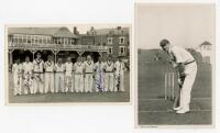 Gentlemen v Players, Scarborough 1955. Original mono real photograph plain back postcard of the Gentlemen team standing in one row wearing cricket attire in front of the pavilion at Scarborough. Fully signed in ink to the photograph by all eleven members 