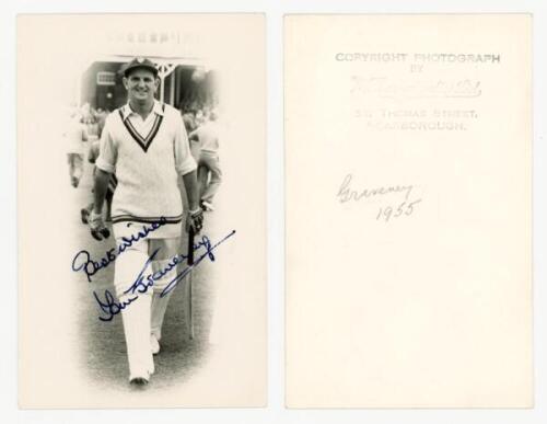 Thomas William 'Tom' Graveney. Gloucestershire, Worcestershire, Victoria &amp; England 1948-1970. Mono real photograph plain back photograph of Graveney, full length in cameo, walking out to bat at Scarborough in 1955. Very nicely signed in blue ink to th