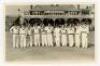 Australia tour to England 1956. Mono real photograph plain back postcard of the Australian team for the match v T.N. Pearce's XI, Scarborough 5th- 7th September 1956. The players lined up in one row wearing cricket attire, the pavilion in the background. 