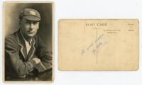 John Berry 'Jack' Hobbs. Surrey &amp; England, 1905-1934. Sepia real photograph postcard of Hobbs, head and shoulders in M.C.C. cap and blazer. Signed in blue ink by Hobbs to the photograph, the signature a little indistinct. Additionally signed by Hobbs 
