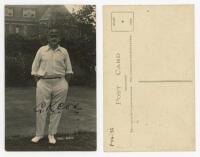 George Rubens Cox. Sussex 1895-1928. Mono real photograph postcard of Cox standing full length wearing cricket attire and Sussex cap. Very nicely signed in black in by Cox to the photograph. Blind embossed stamp for Nias of Brighton to lower edge. VG - cr