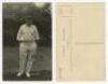 George Rubens Cox. Sussex 1895-1928. Mono real photograph postcard of Cox standing full length wearing cricket attire and Sussex cap. Very nicely signed in black in by Cox to the photograph. Blind embossed stamp for Nias of Brighton to lower edge. VG - cr