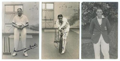 Maurice William Tate. Sussex &amp; England 1912-1937. Three mono real photograph postcards of Tate. Two depict Tate in indoor nets, one standing at the wicket, ball in hand, the other in forward defensive batting pose, both nicely signed to the image by T