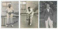 Maurice William Tate. Sussex &amp; England 1912-1937. Three mono real photograph postcards of Tate. Two depict Tate in indoor nets, one standing at the wicket, ball in hand, the other in forward defensive batting pose, both nicely signed to the image by T