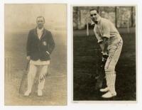 Jack Hobbs and Herbert Sutcliffe. Greatest opening pair in Test history. Two mono real photograph postcards, one of Hobbs standing full length wearing his M.C.C. touring blazer, the other of Sutcliffe full length in batting pose at the crease. Both postca