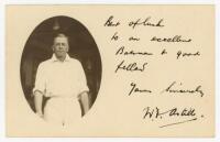 Inaugural M.C.C. tour to India 1926/27. Mono real photograph postcard from the tour of the M.C.C. of W.E. Astill in cameo, head and shoulders wearing cricket attire. Hand written signed dedication in black ink from Astill to the front, 'Best of luck to an
