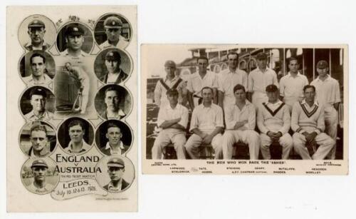 'The Ashes' England v Australia, 1926. Mono real photograph postcard featuring vignettes of thirteen England players for the Third Test at Leeds, 10th-13th July 1926. Players featured include Carr (Captain), Root, Hobbs, Parker, Sutcliffe, Hendren, Macaul