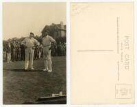 Sussex v Australia 1926. Sepia real photograph postcard showing Captains, Arthur Gilligan and Warren Bardsley tossing for innings at Hove on the 28th August 1926. Series unknown. Rare. Light crease, otherwise in very good condition - cricket<br><br>The ma