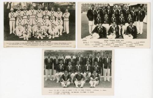 India touring parties. Three original mono real photograph postcards of Indian touring teams. Tours are All-India to England 1932 (Hills &amp; Lacy), India to England 1952 (publisher unknown), and a rare postcard of the Indian touring party to West Indies