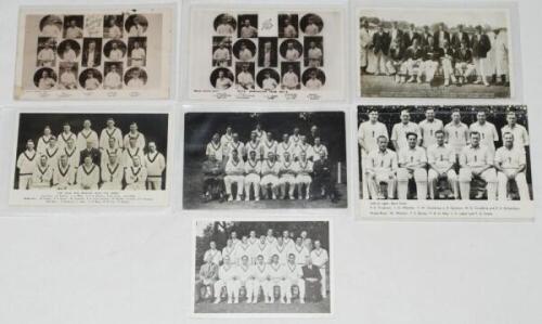 M.C.C. touring and England team postcards 1907/08-1956. Five mono real photograph and two mono postcards. M.C.C. touring parties include to Australia 1907/08 (2 slightly different, both Philco series no. 6207D), 1928/29 (publisher unknown), to South Afric