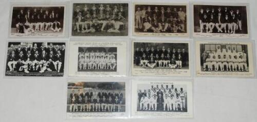 Australian tour postcards 1905-1961. Seven mono real photograph and three mono postcards of Australian touring parties to England. Teams are 1905, 1921 (three different), 1930 (signed by Don Bradman in later years), 1930 Viyella advertising postcard, 1934