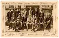 Australia teams and players. A rarer postcard of 'The Victorious 1921 Australian team'. Mono printed postcard of the Australian team who toured England in 1921, seated and standing in rows, wearing suits and ties and all wearing trilby hats, in the courty