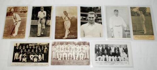 Cricket postcards 1920s-1950s. A selection of mono real photograph postcards of H.K. Foster (Foster of Brighton), F.R. Foster (Adco), Len Hutton (Walter Scott, Bradford), Dennis Brookes (Wilkes), and mono postcards of Tom Hayward and Tom Bowley. Also mono