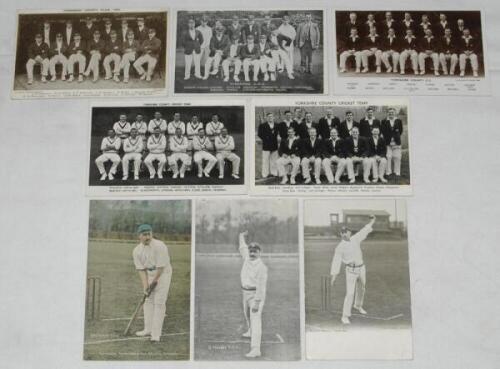 Yorkshire C.C.C. teams and players 1909-1957. Two mono postcards of Yorkshire teams for seasons 1909 and c.1923. Three mono real photograph postcards of the teams for seasons c.1938, c.1952, and 1957. Sold with a colour postcard of George Hirst in batting