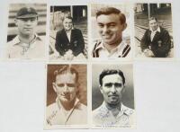 Surrey signed postcards 1930s-1950s. Five original mono real photograph player portrait postcards of Surrey players, each signed by the featured player. Signatures are E.R.T. Holmes (dated to verso 'Aug 1937'), E.A. Watts, J.H. Edrich, A.R. Gover, and A.J