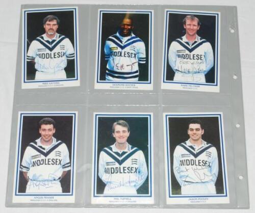 Middlesex C.C.C. 1990s-2010s. A good selection of seventy five official player postcards, photographs and postcards of Middlesex players, each card signed by the featured player. Signatures include Gatting, Haynes, Feltham, Fraser, Tufnell, Pooley, Rampra